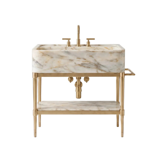 Artisan 30 inch Calacatta Gold marble bathroom vanity with sink, solid brass console legs and marble shelf