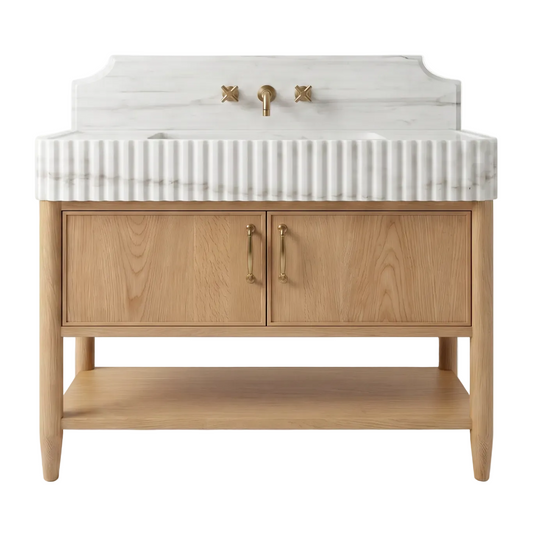 Ashford custom Carrara White marble bathroom vanity with fluted sink, backsplash and oak cabinet