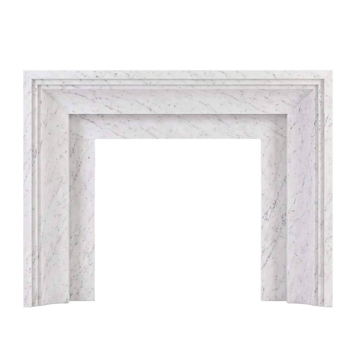 Custom Carrara White marble fireplace mantel and surround with subtle gray veining, clean geometric lines, layered framing, and a minimalist contemporary design.