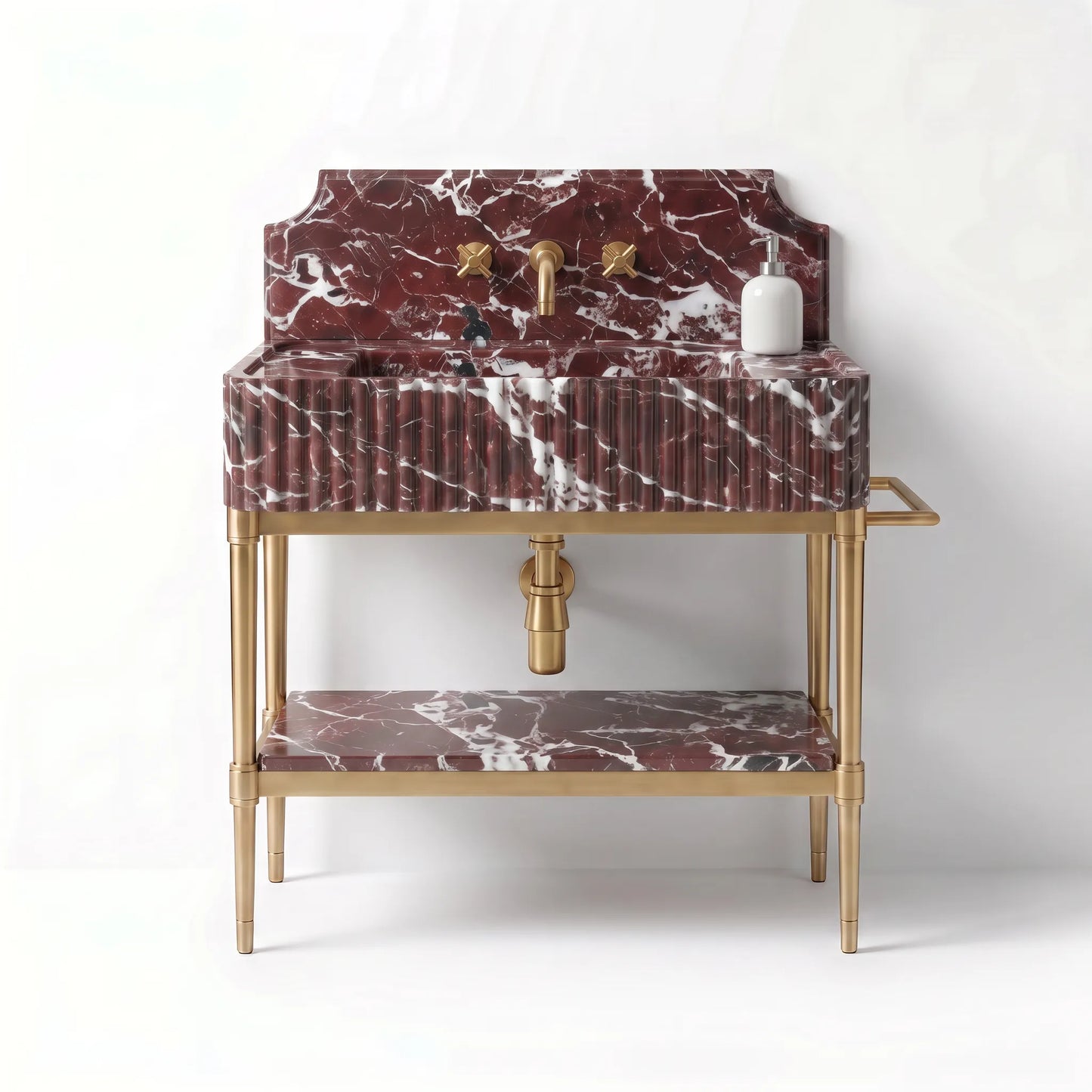 A freestanding bathroom vanity with a rectangular sink and backsplash in deep red marble with white veining, supported by a gold-tone metal frame with an open lower shelf.