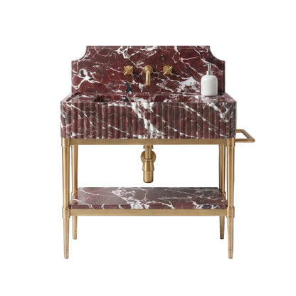 Atelier 30 inch Rosso Levanto marble bathroom vanity with sink, backsplash and solid brass console legs