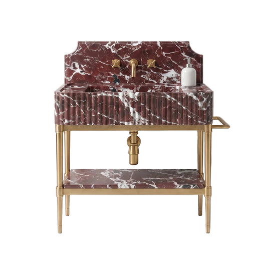 Atelier 30 inch Rosso Levanto marble bathroom vanity with sink, backsplash and solid brass console legs