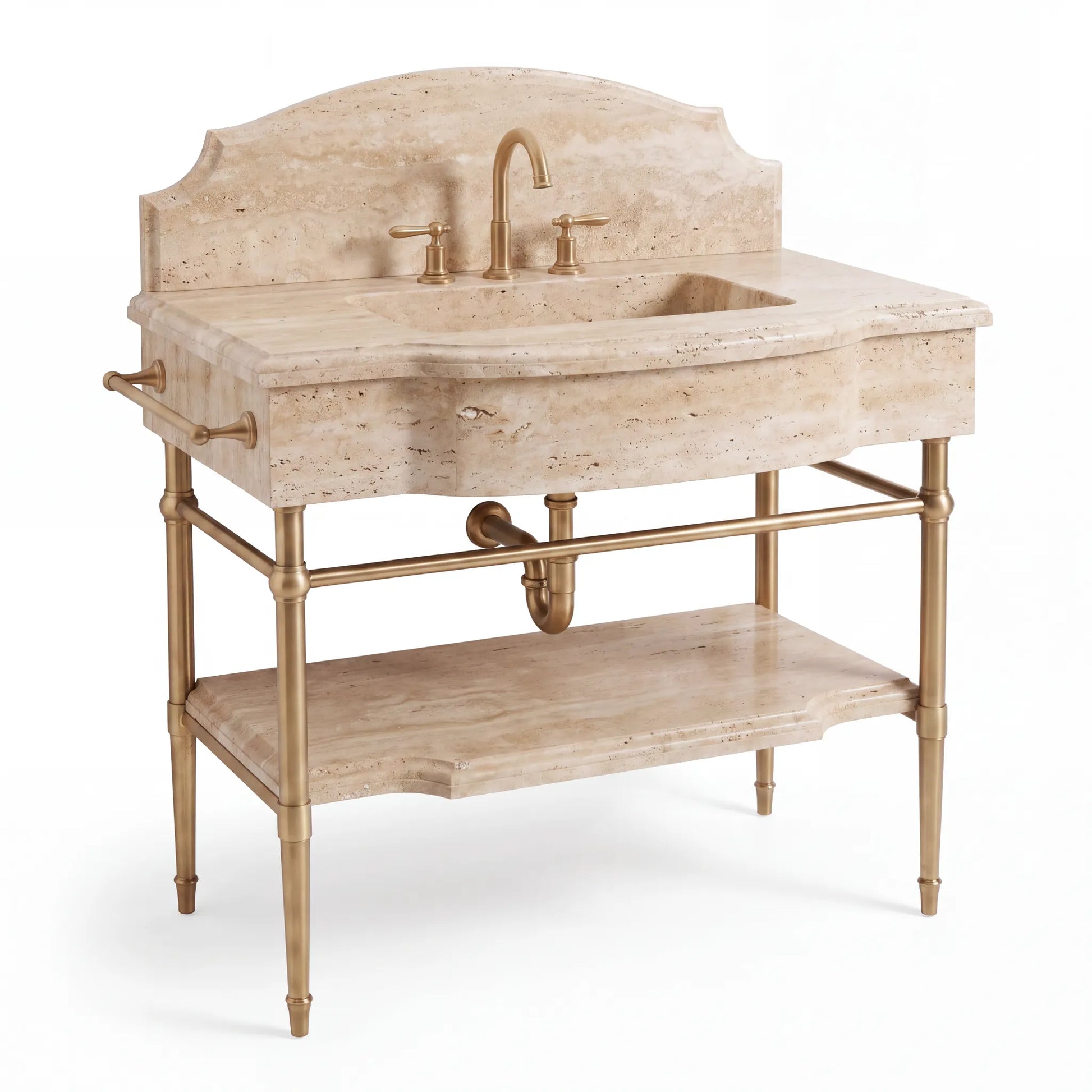A freestanding bathroom vanity with a rectangular apron-front sink, a curved backplate, and an open lower shelf. The countertop and shelf are made of light beige travertine or similar stone, while the legs, faucet, and plumbing hardware are in a warm brass/gold tone, photographed on a clean white background.