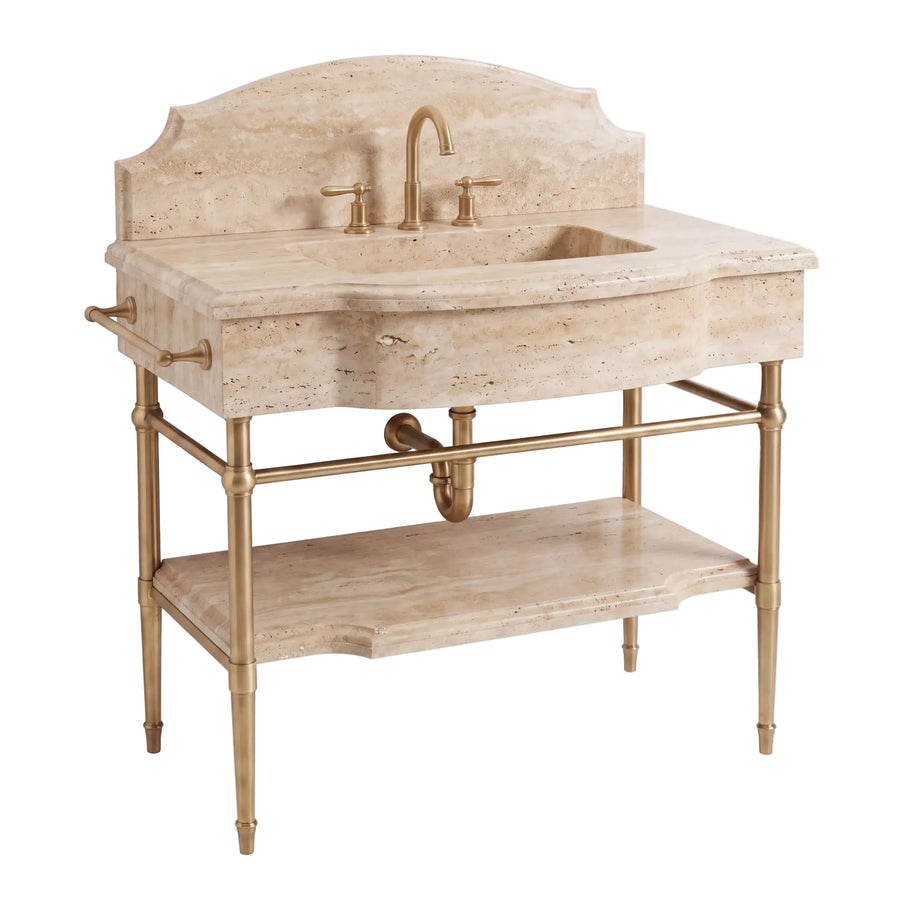 Atelier Noir – Custom Travertine Marble Sink Vanity with Solid Brass Console Legs