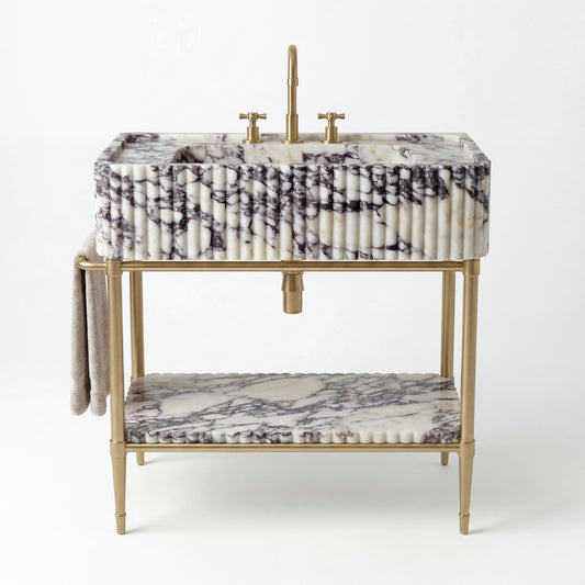 Aurelia Custom Calacatta Viola Marble Console Sink with Brass Legs