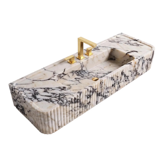 Aurelio 30 inch Calacatta Viola fluted wall mounted marble bathroom sink with integrated basin