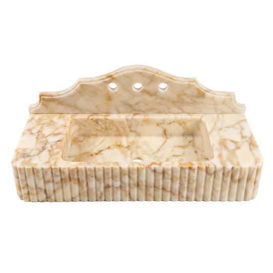 Aurenza 30 inch Calacatta Gold fluted wall mounted marble bathroom sink with matching backsplash