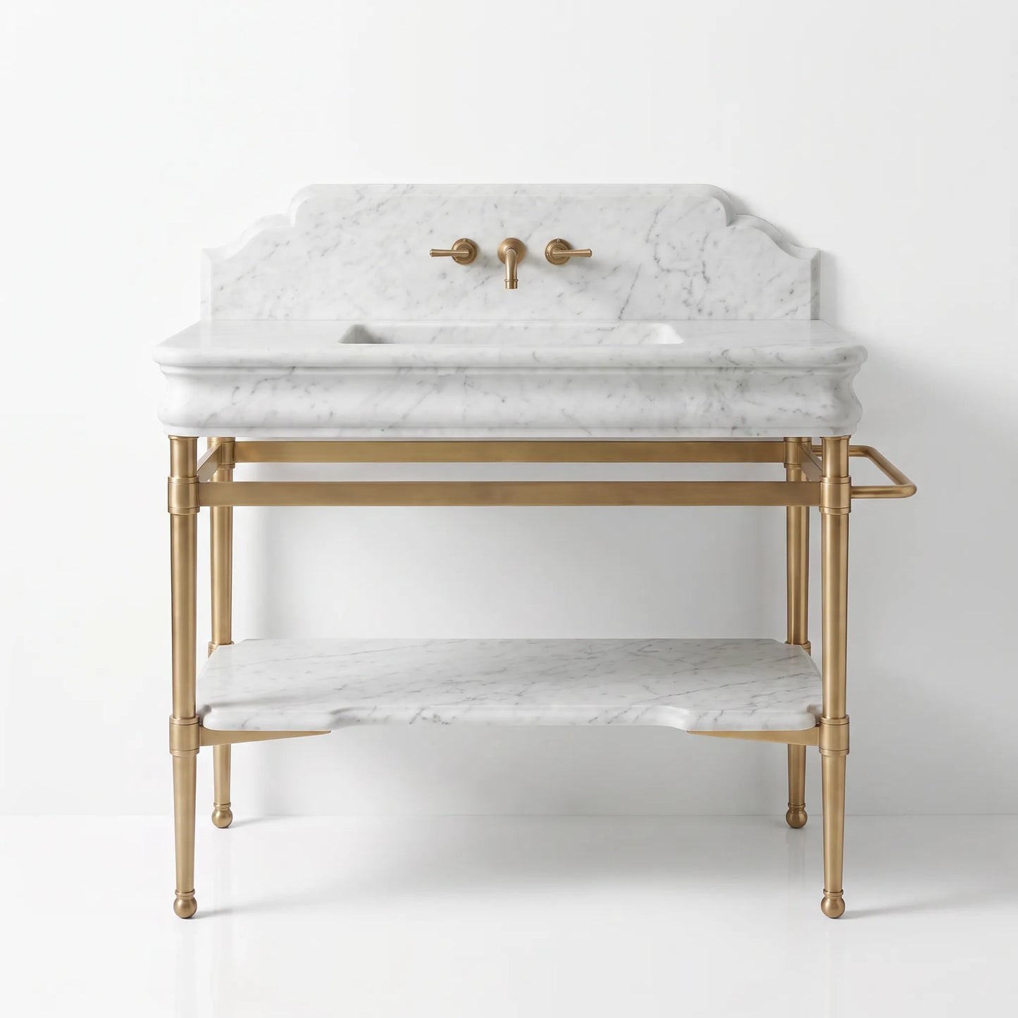 A freestanding bathroom vanity with a white marble sink top and shelf, supported by a gold brass frame with a matching faucet and warm brass handles.