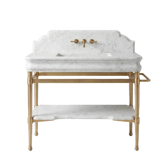Auris 36 inch custom Carrara White marble bathroom sink vanity with solid brass console legs and matching marble shelf