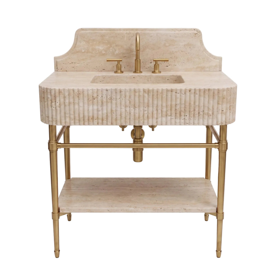 Aurum – Custom Travertine Marble Sink Vanity with Solid Brass Console Legs