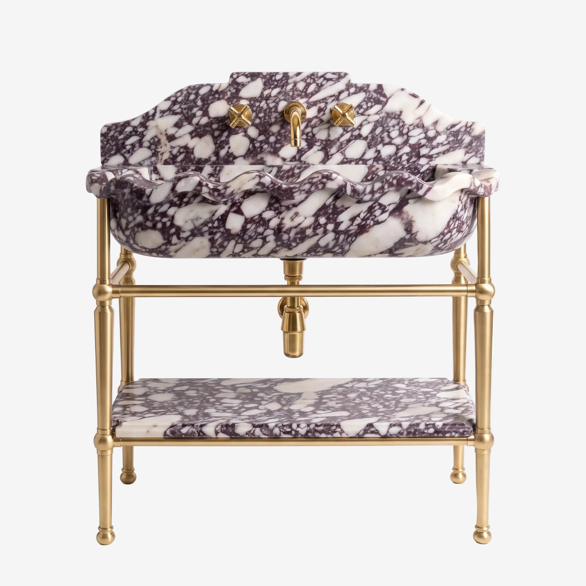 A vintage-style bathroom vanity with a white and dark purple marbled sink basin and matching shelf, supported by an ornate gold brass frame.