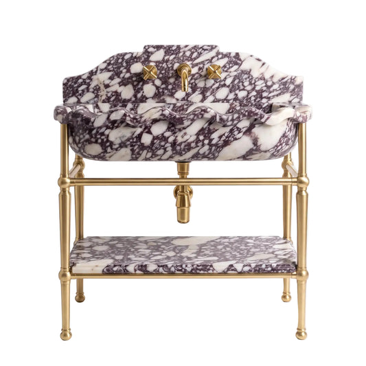 Avellino 30 inch Calacatta Viola marble bathroom vanity with sink, solid brass console legs and matching marble shelf