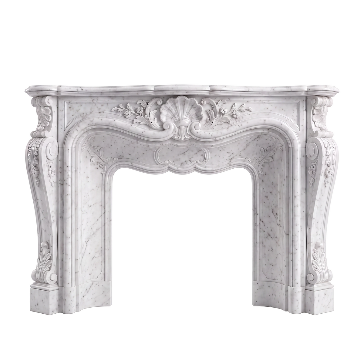 Custom Carrara White marble fireplace mantel and surround with hand-carved shell centerpiece, flowing floral motifs, acanthus leaves, curved opening, and French Rococo details.