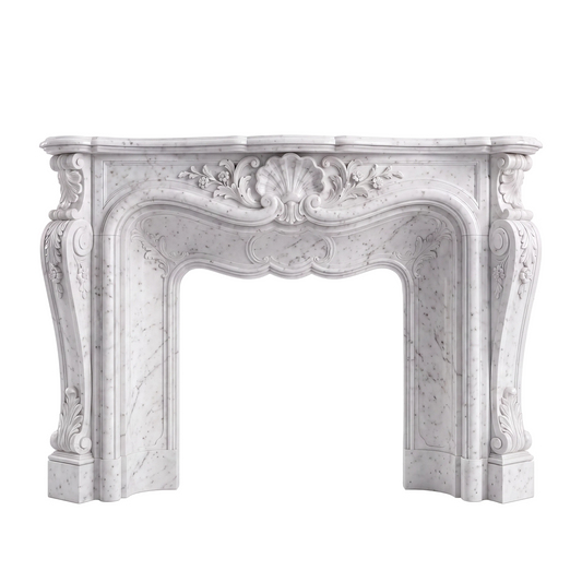 Custom Carrara White marble fireplace mantel and surround with hand-carved shell centerpiece, flowing floral motifs, acanthus leaves, curved opening, and French Rococo details.