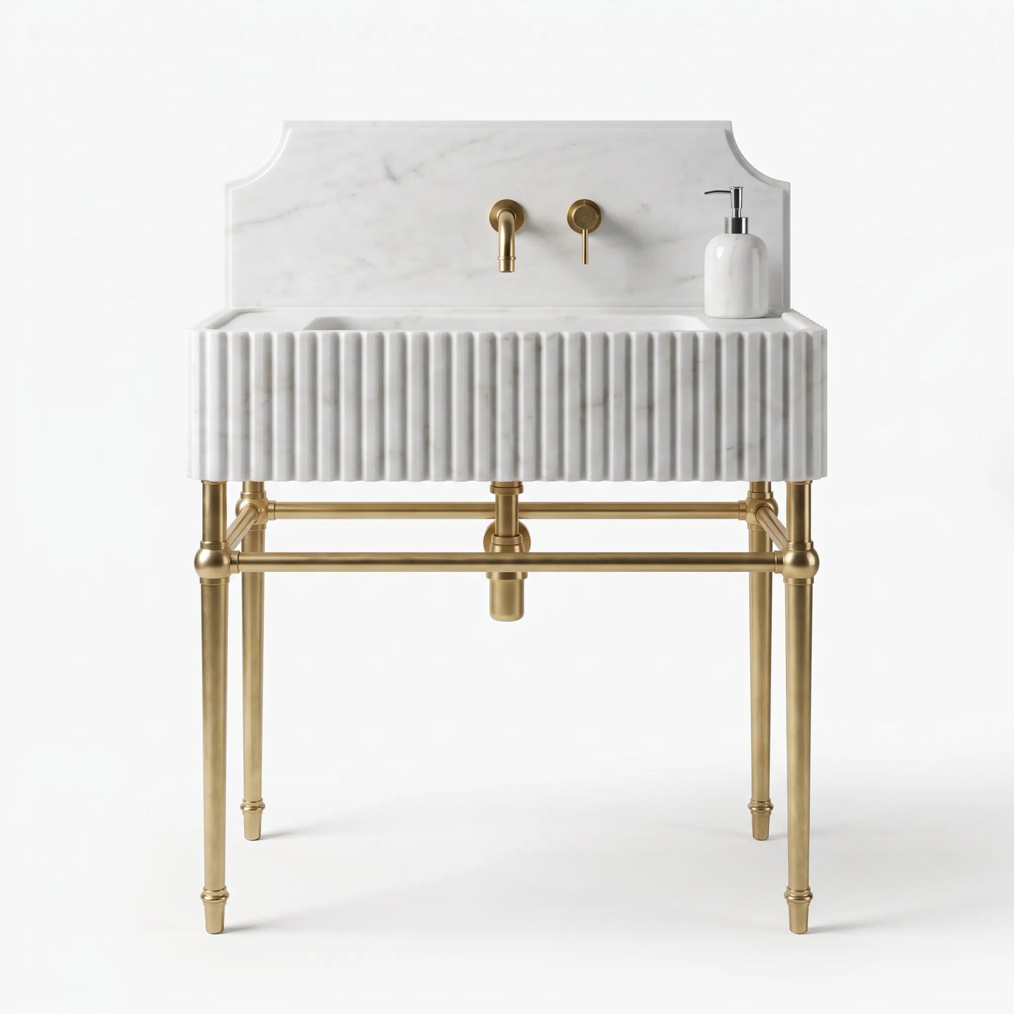 A freestanding bathroom vanity with a white marble sink top and back panel, fluted vertical detailing on the front, and a gold-tone metal frame and faucet hardware, shown on a clean white background.