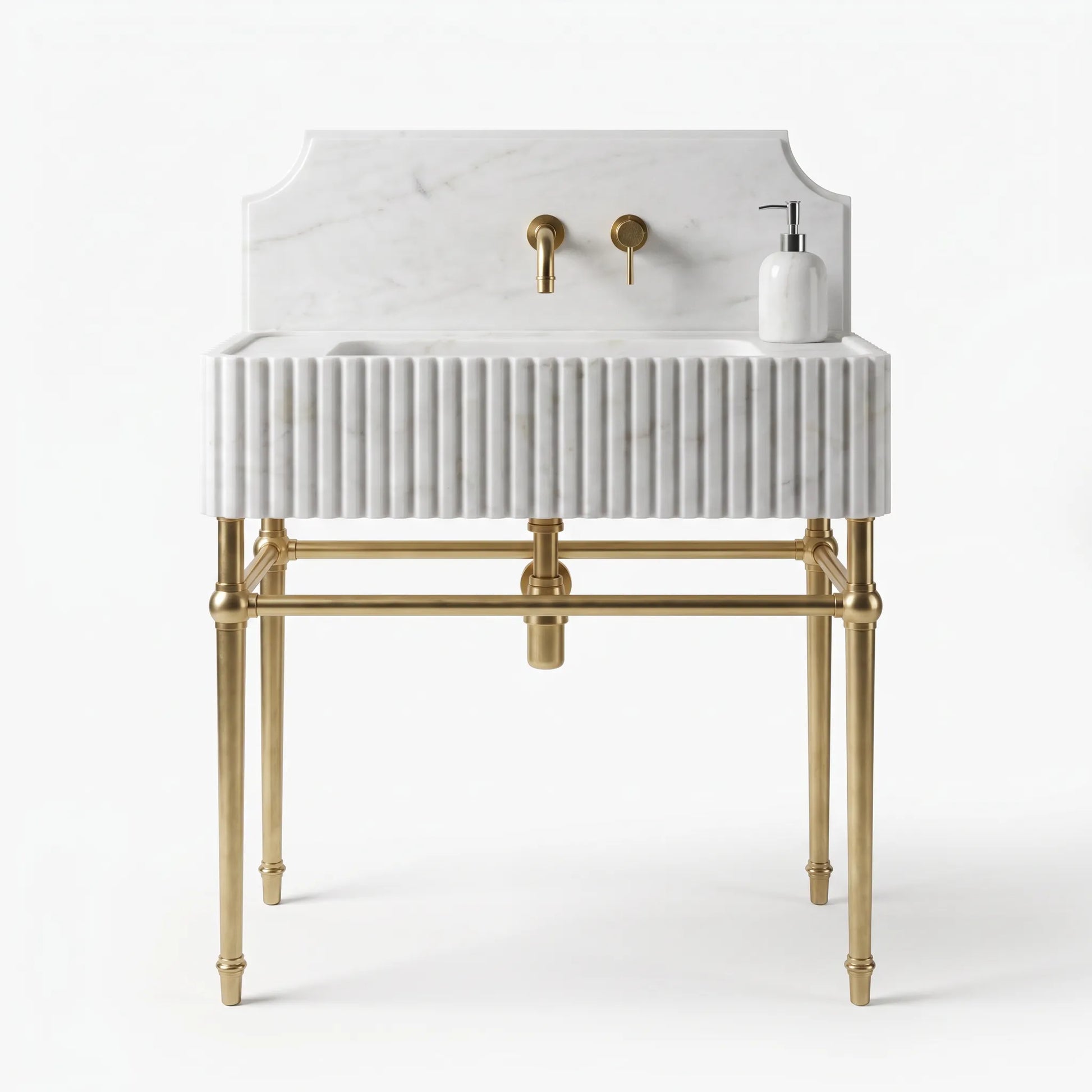 A freestanding bathroom vanity with a white marble sink top and back panel, fluted vertical detailing on the front, and a gold-tone metal frame and faucet hardware, shown on a clean white background.