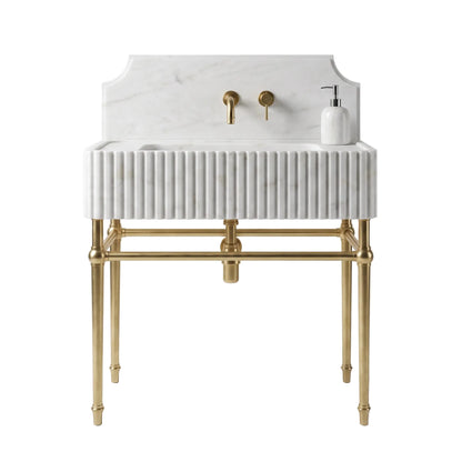 Avoria 30 inch Carrara White marble bathroom vanity with fluted sink, backsplash and brass console legs