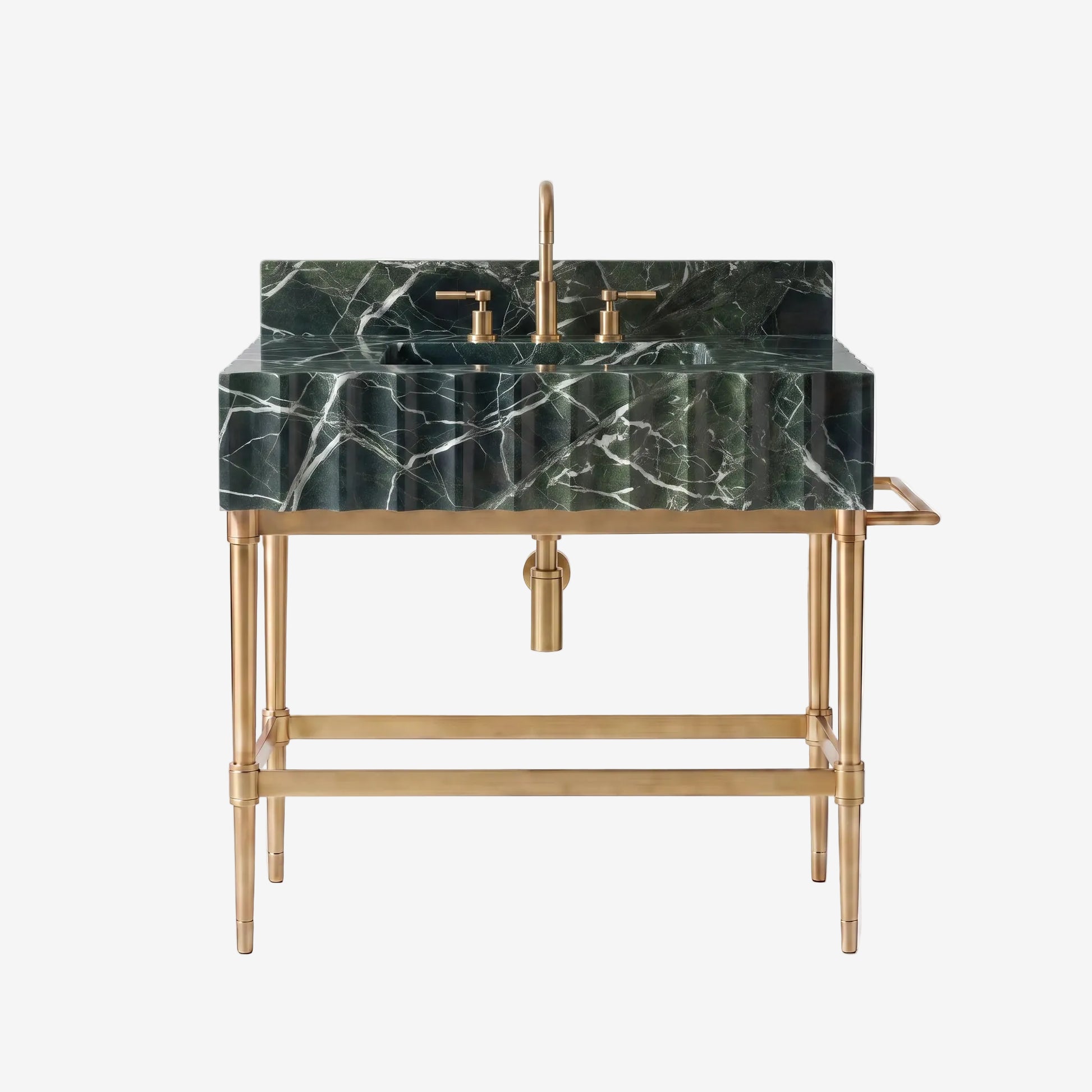 A modern bathroom vanity featuring a dark green marble sink basin with white veining, mounted on a gold-finished metal frame with a matching gold faucet and handles.