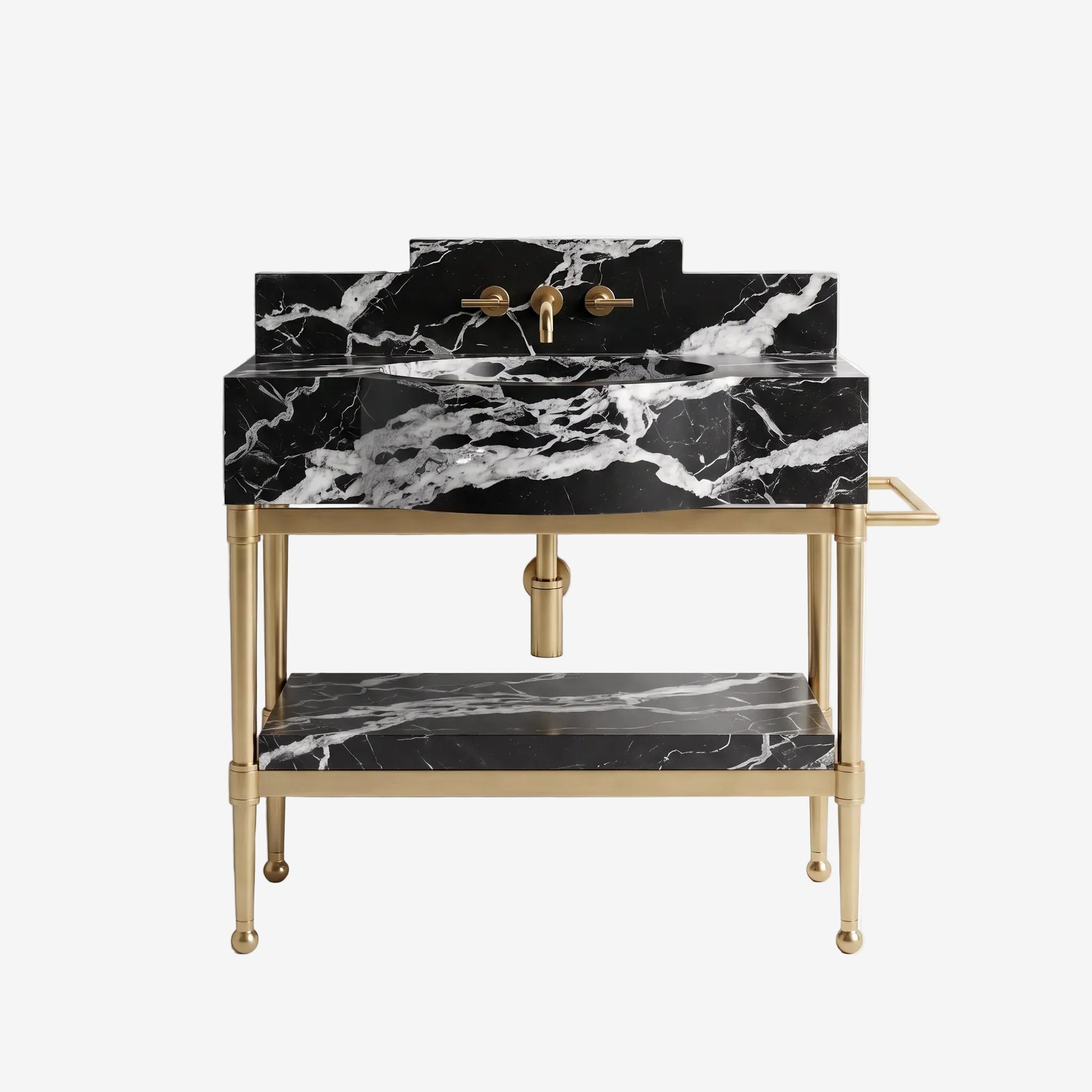 A modern bathroom vanity with a black and white marble sink top and matching lower shelf, supported by a gold-finished metal frame with a wall-mounted faucet.