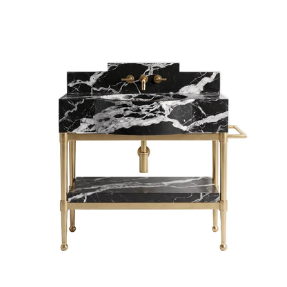 Axis 30 inch Nero Marquina marble bathroom vanity with sink, solid brass console legs and matching marble shelf