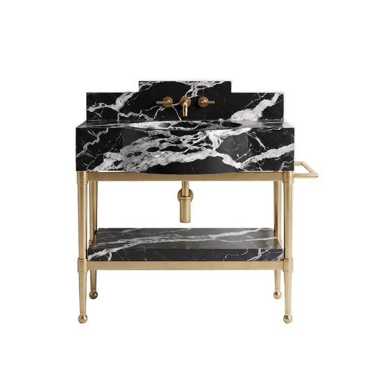 Axis 30 inch Nero Marquina marble bathroom vanity with sink, solid brass console legs and matching marble shelf