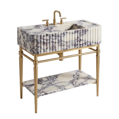 Bellagio 30 inch Calacatta Viola marble bathroom vanity with sink, solid brass console legs and matching marble shelf