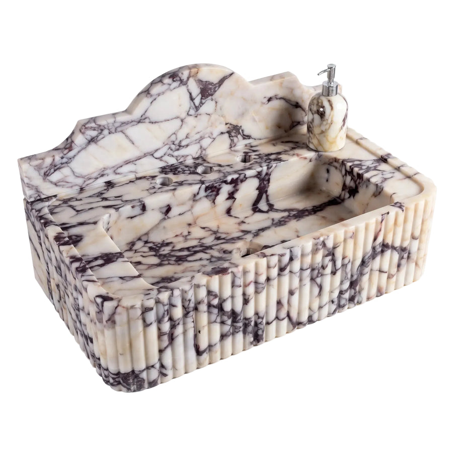 Bellaro Custom Wall-Mounted Fluted Calacatta Viola Marble Bathroom Sink with Backsplash