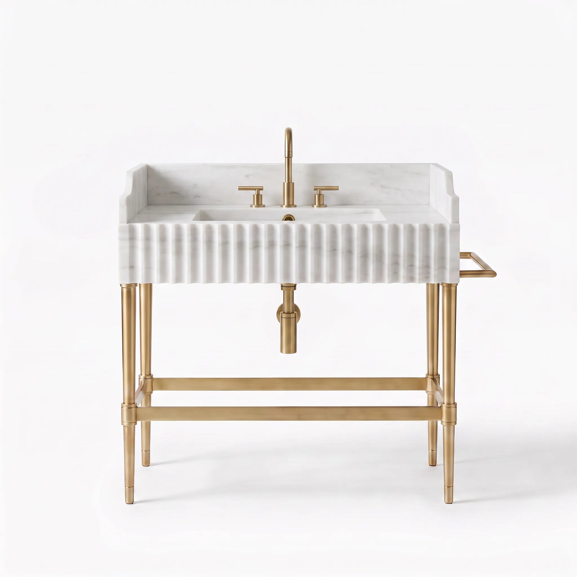 A modern freestanding bathroom vanity with a white fluted marble sink top, gold-tone metal legs and faucet, and a matching side tray, shown on a clean white background.