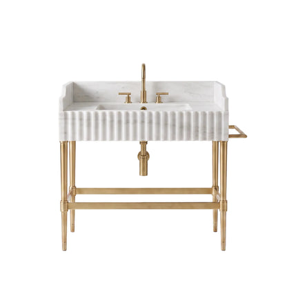 Bellessa 30 inch Carrara White marble bathroom vanity with fluted sink and solid brass console legs