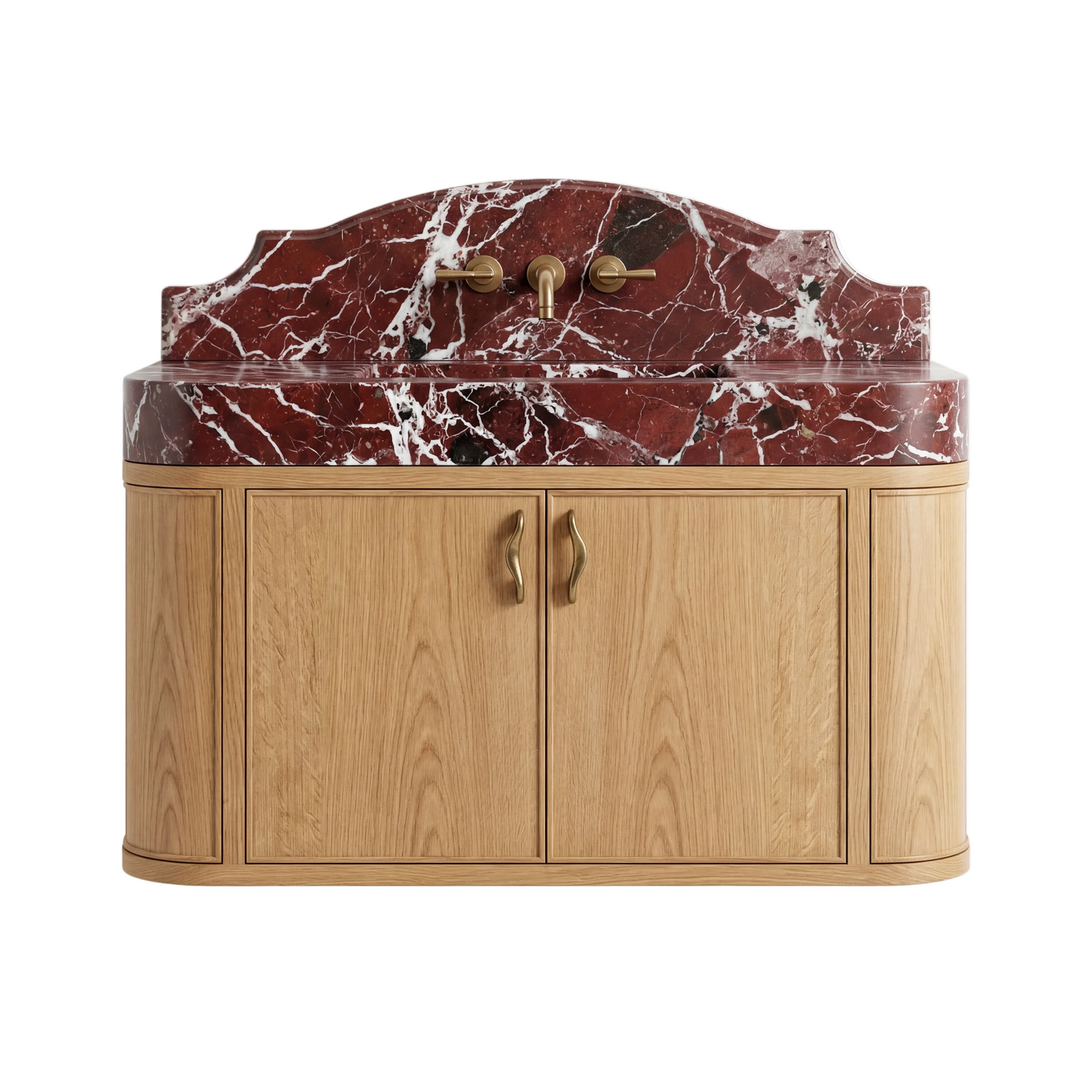 Bellmont custom wall mounted Rosso Levanto marble bathroom vanity with curved backsplash and handcrafted natural oak cabinet