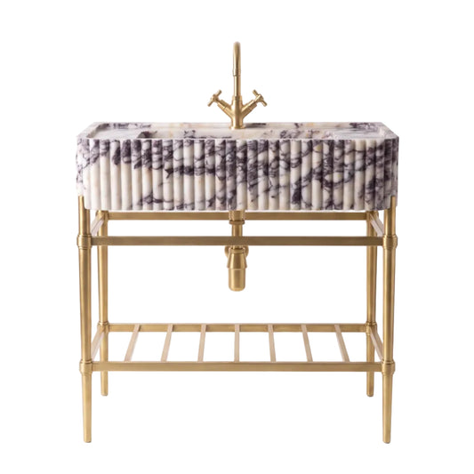 Bellora 30 inch Calacatta Viola marble bathroom vanity with sink, solid brass console legs and matching marble shelf