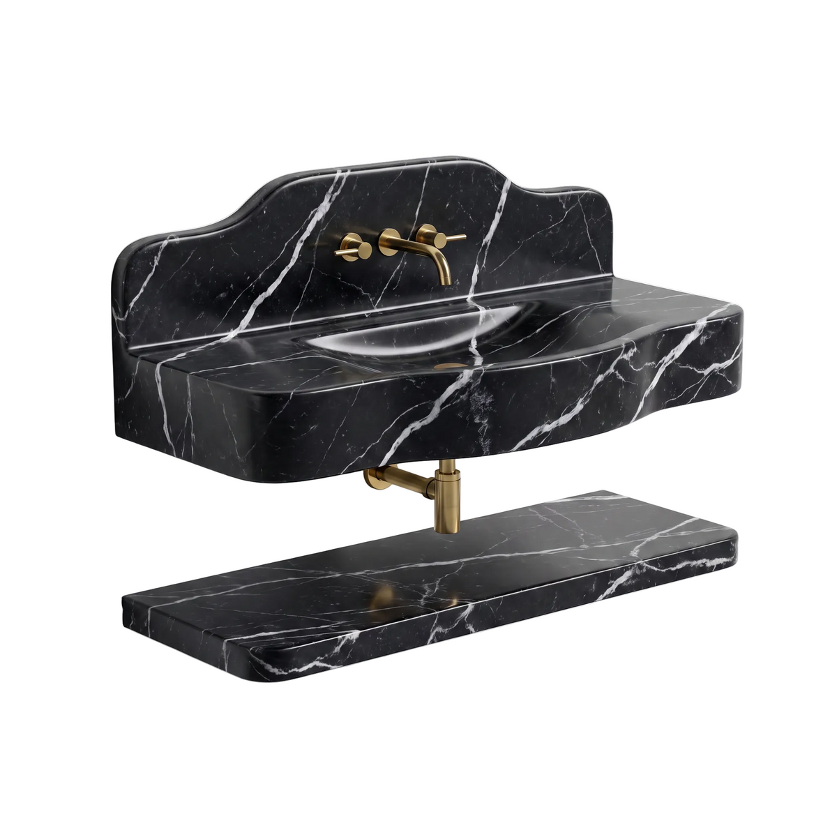 Belluno 30 inch Nero Marquina wall mounted marble bathroom sink with matching floating marble shelf