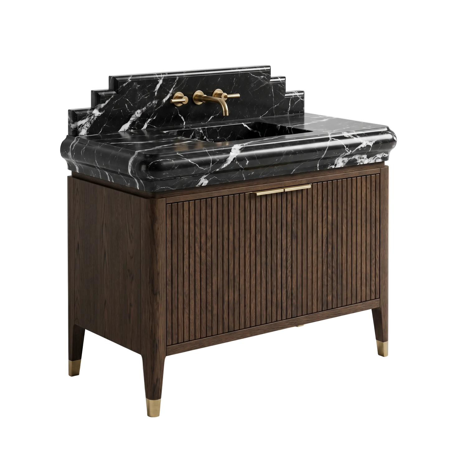 Blackwell custom Nero Marquina marble bathroom vanity with stepped backsplash and handcrafted fluted walnut cabinet