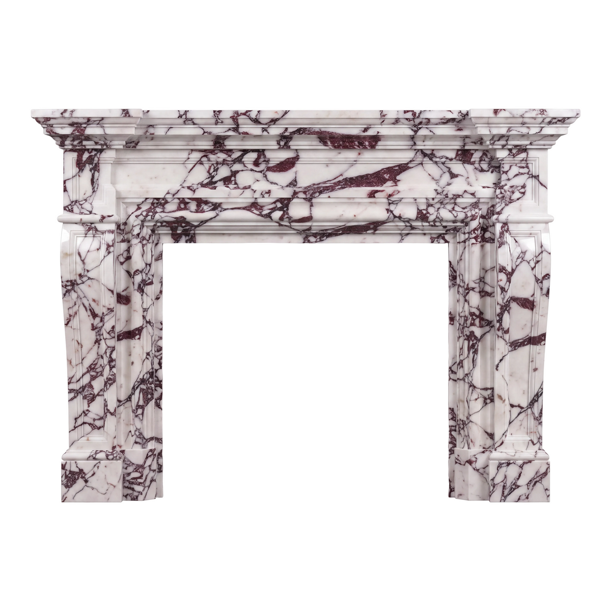 Custom Calacatta Viola marble fireplace mantel and surround with dramatic burgundy veining, classical columns, layered molding, and French Neoclassical architectural details.