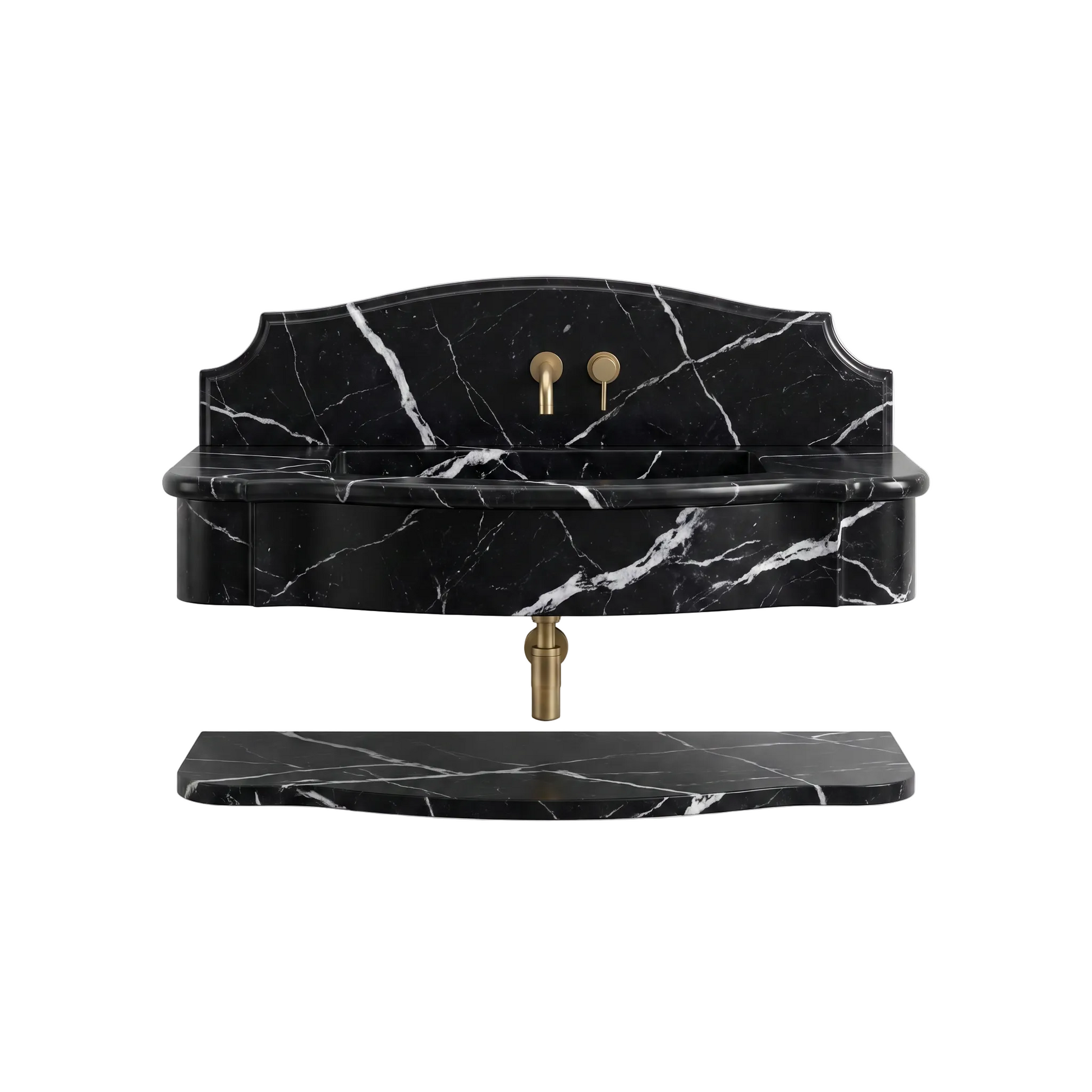 Brescia 30 inch Nero Marquina wall mounted marble bathroom sink with matching floating marble shelf