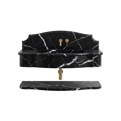 Brescia 30 inch Nero Marquina wall mounted marble bathroom sink with matching floating marble shelf