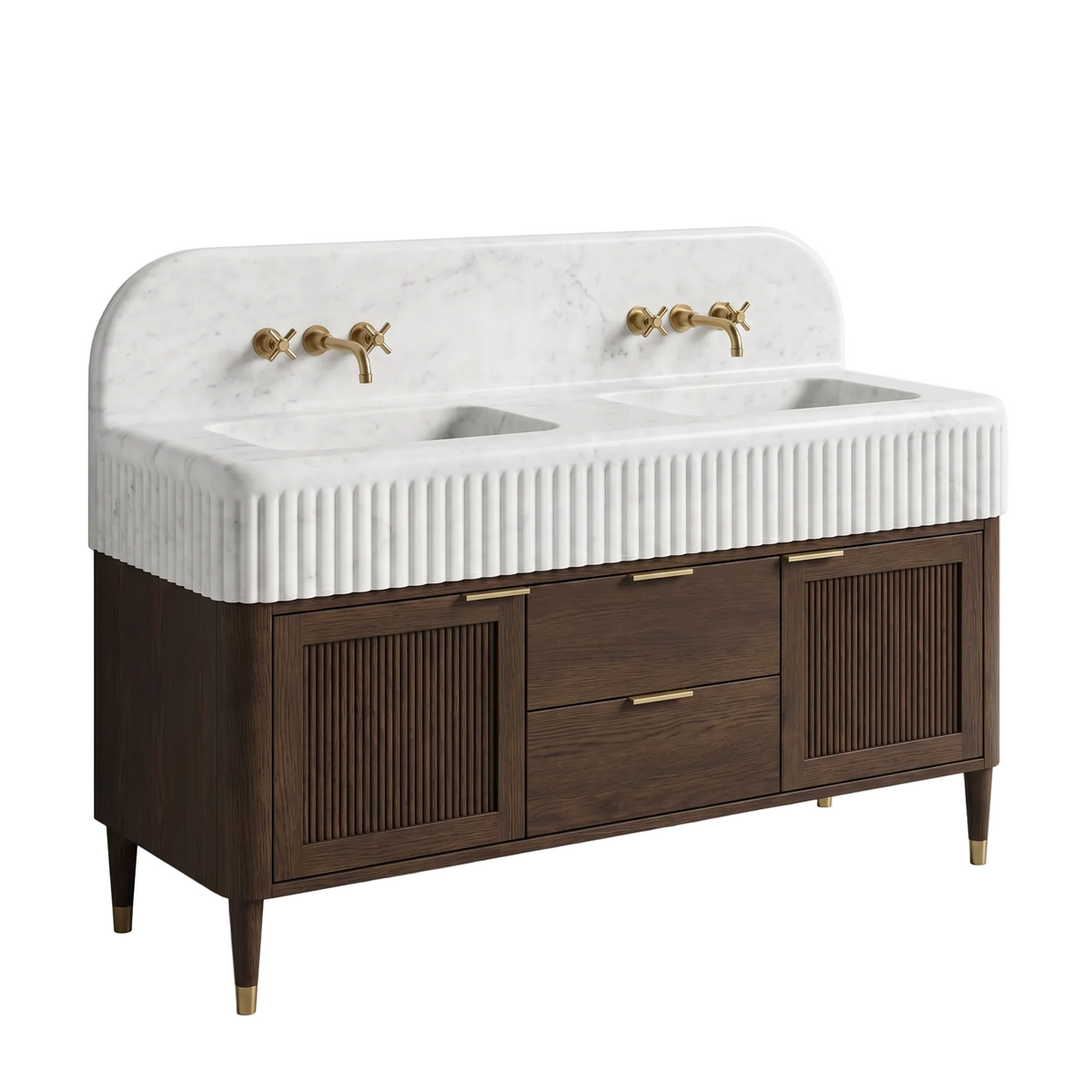 Briarwood custom Carrara White marble fluted double sink bathroom vanity with backsplash and handcrafted walnut cabinet