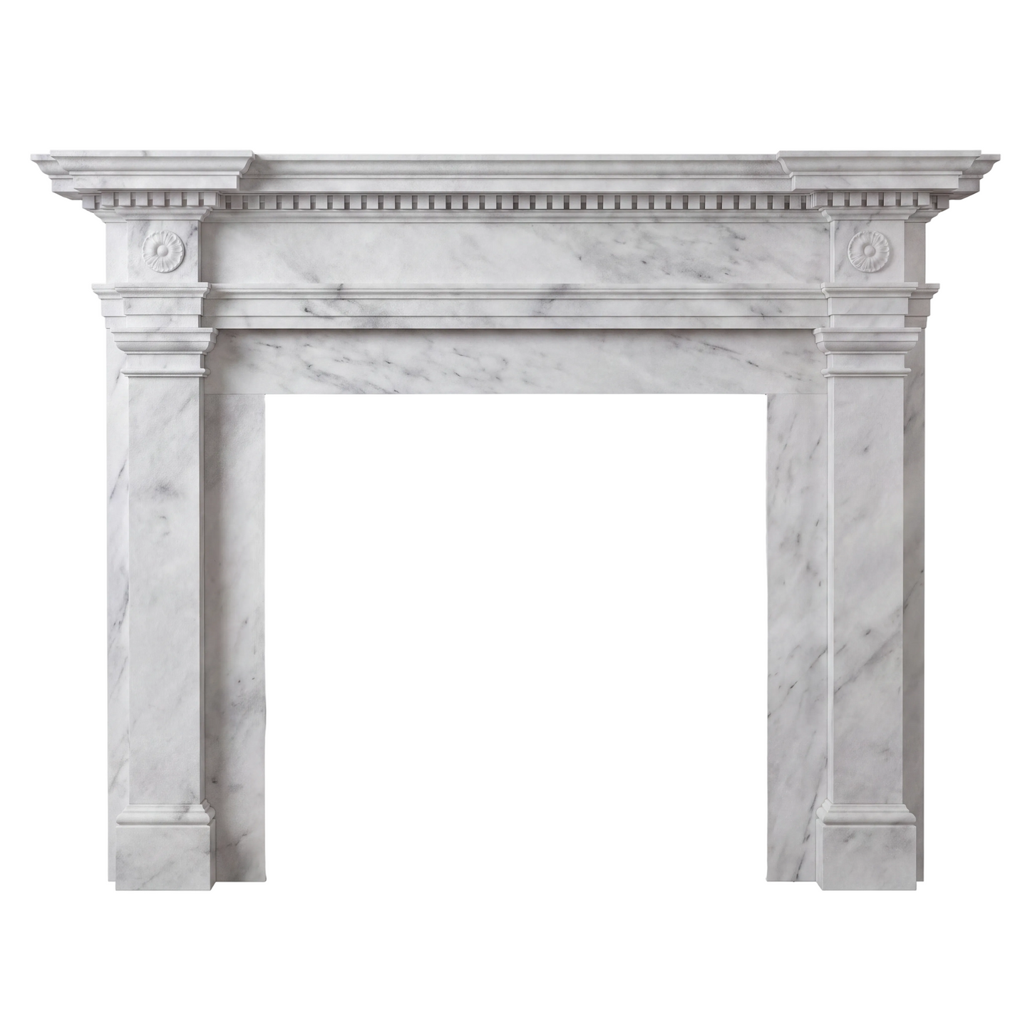 Alt Text:
Custom Carrara White marble fireplace mantel with Georgian architectural details, classical columns, carved rosettes, dentil molding, and an elegant white marble surround.