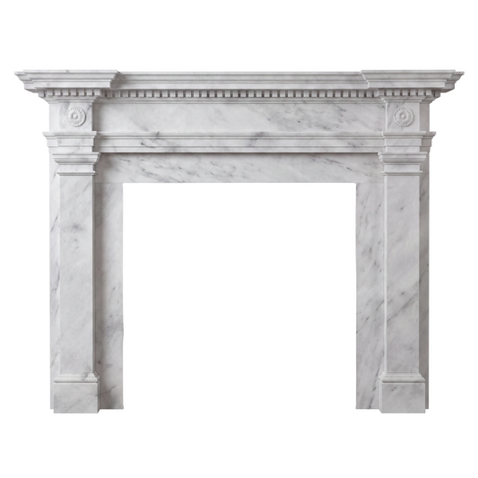 Alt Text:
Custom Carrara White marble fireplace mantel with Georgian architectural details, classical columns, carved rosettes, dentil molding, and an elegant white marble surround.