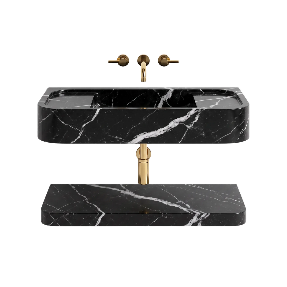 Camogli 30 inch Nero Marquina wall mounted marble bathroom sink with matching floating marble shelf