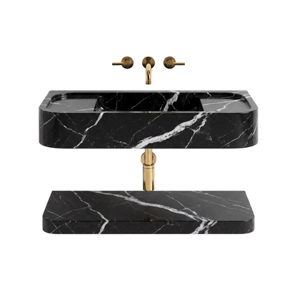 Camogli 30 inch Nero Marquina wall mounted marble bathroom sink with matching floating marble shelf