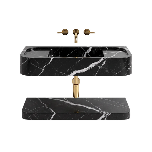 Camogli 30 inch Nero Marquina wall mounted marble bathroom sink with matching floating marble shelf