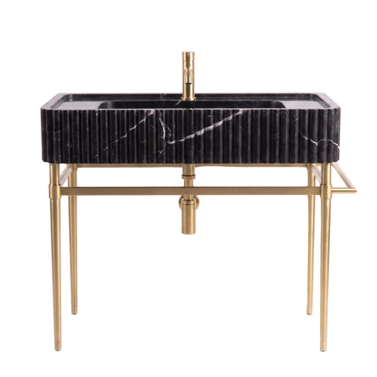 Cano 30 inch Nero Marquina marble bathroom vanity with sink and solid brass console legs