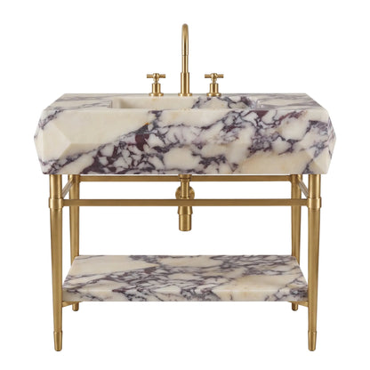 Capri 30 inch Calacatta Viola marble bathroom vanity with sink, solid brass console legs and matching marble shelf