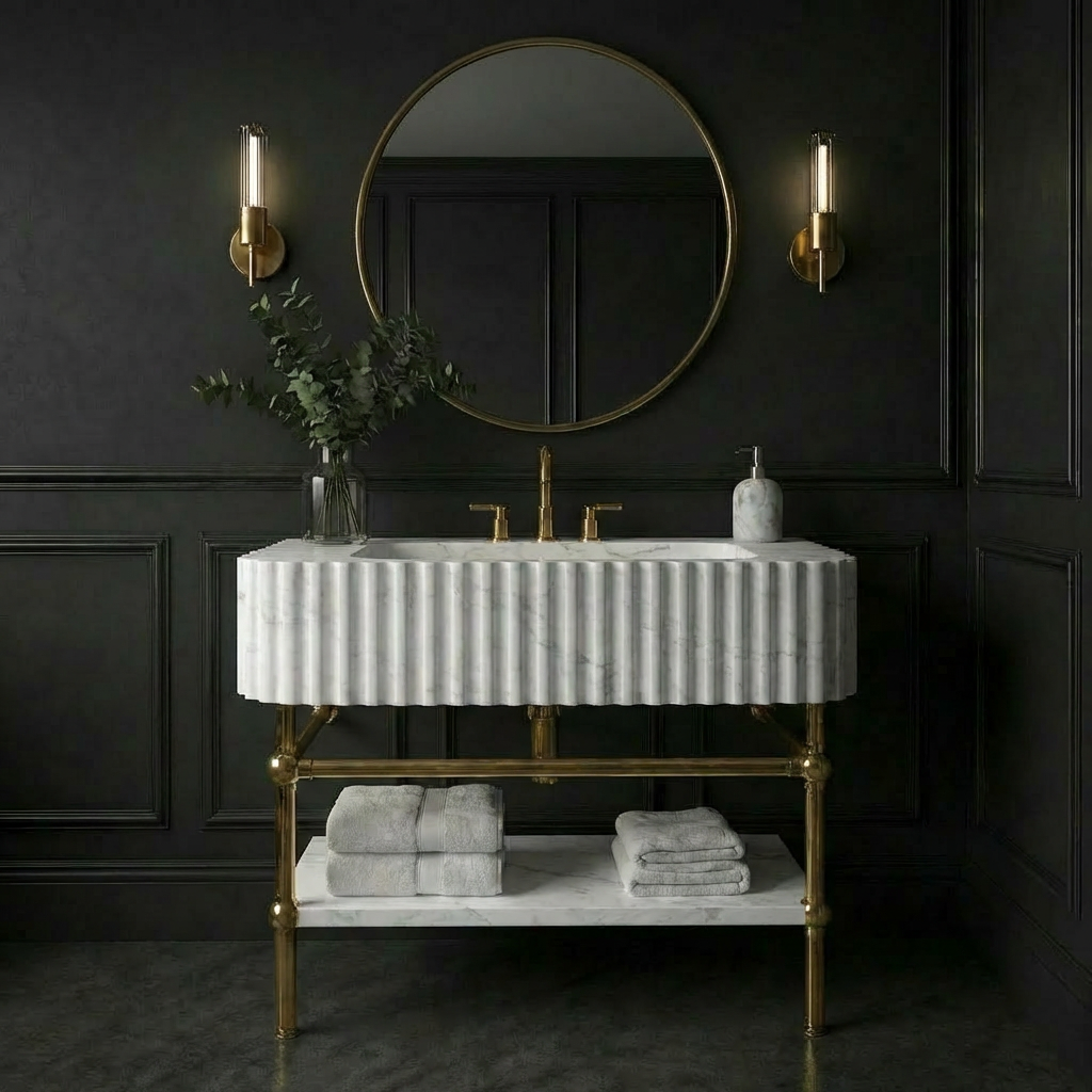 30" White Marble Sink With Brass Console Legs