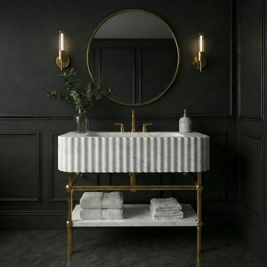 30" White Marble Sink With Brass Console Legs
