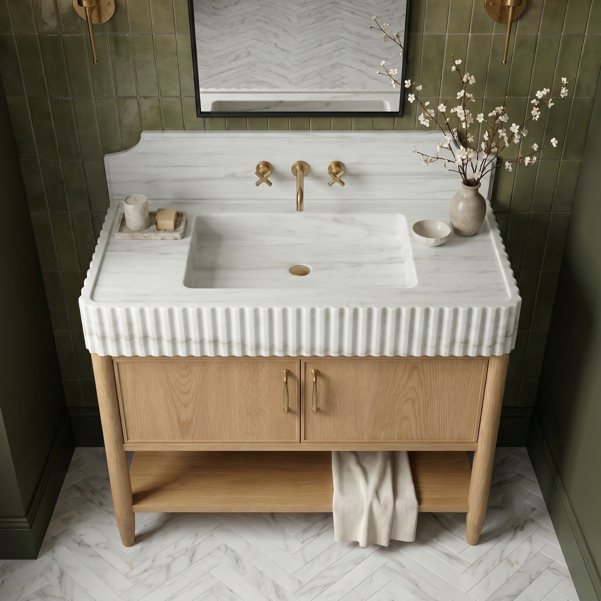 Ashford Carrara White marble bathroom sink vanity with fluted front, backsplash and oak cabinet