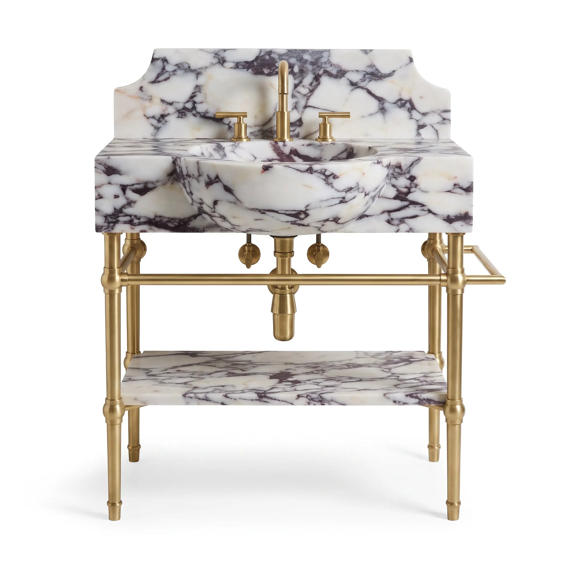 A vintage-style bathroom vanity featuring a white marble sink and matching marble shelf with dramatic dark veining, supported by an ornate brass-finished metal frame with a central faucet and two separate hot and cold handles.