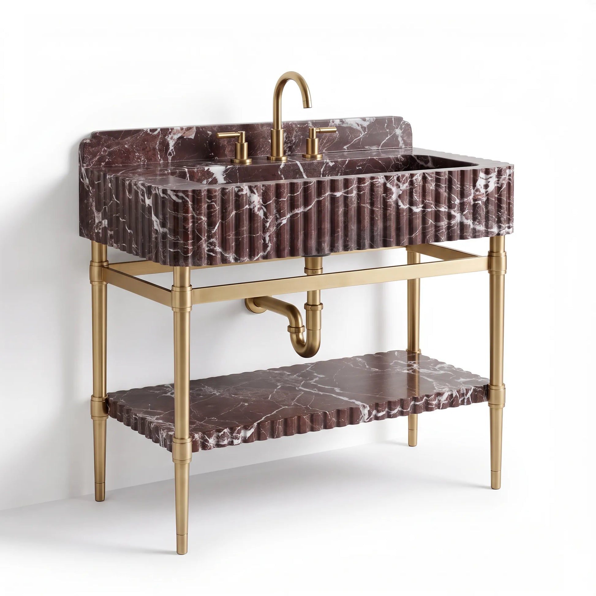 A luxury bathroom vanity featuring a dark brown and black marble sink and lower shelf with gold-finished metal legs, frame, and faucet.