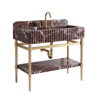 Celeste 30 inch Rosso Levanto marble bathroom vanity with sink, solid brass console legs and matching marble shelf